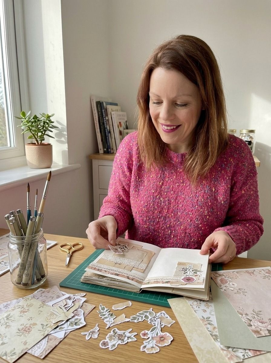Dee in her studio, building a junk journal spread