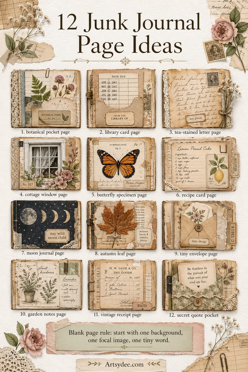 Twelve junk journal page ideas including botanical pocket pages, library card pages, tea-stained letter pages, cottage windows, butterfly specimens, recipe card pages, moon journal pages, and secret quote pockets.