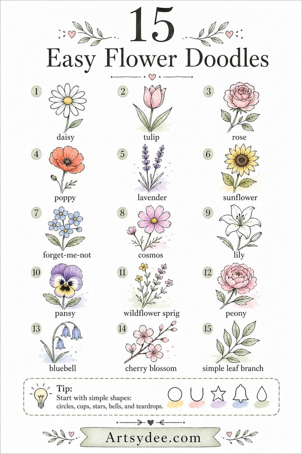 Fifteen easy flower doodles to draw, including daisy, tulip, rose, poppy, lavender, sunflower, forget-me-not, cosmos, lily, pansy, wildflower, peony, bluebell, cherry blossom, and a simple leaf branch.