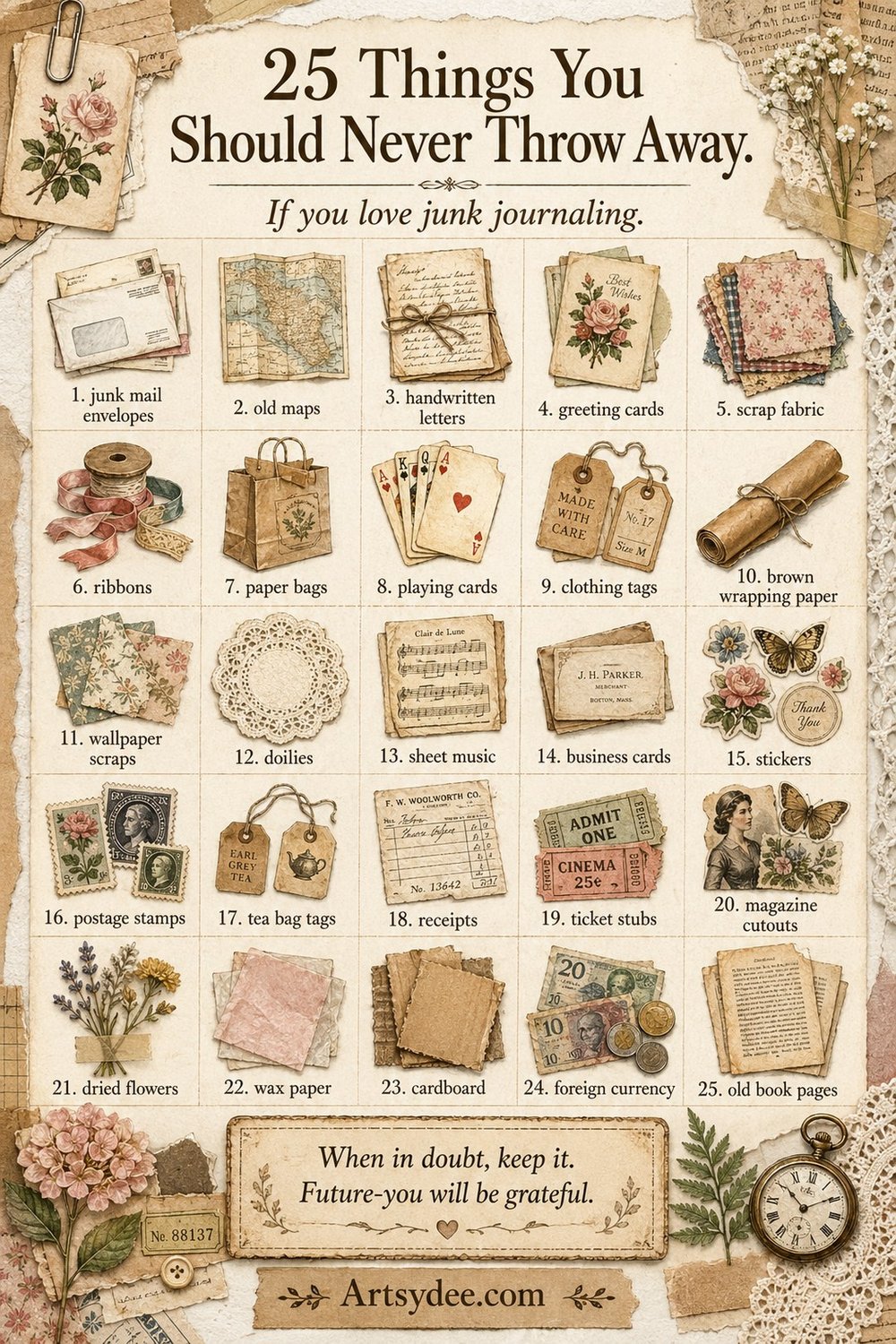 Twenty-five things you should never throw away if you love junk journaling: junk mail envelopes, old maps, handwritten letters, greeting cards, scrap fabric, ribbons, paper bags, playing cards, and more.