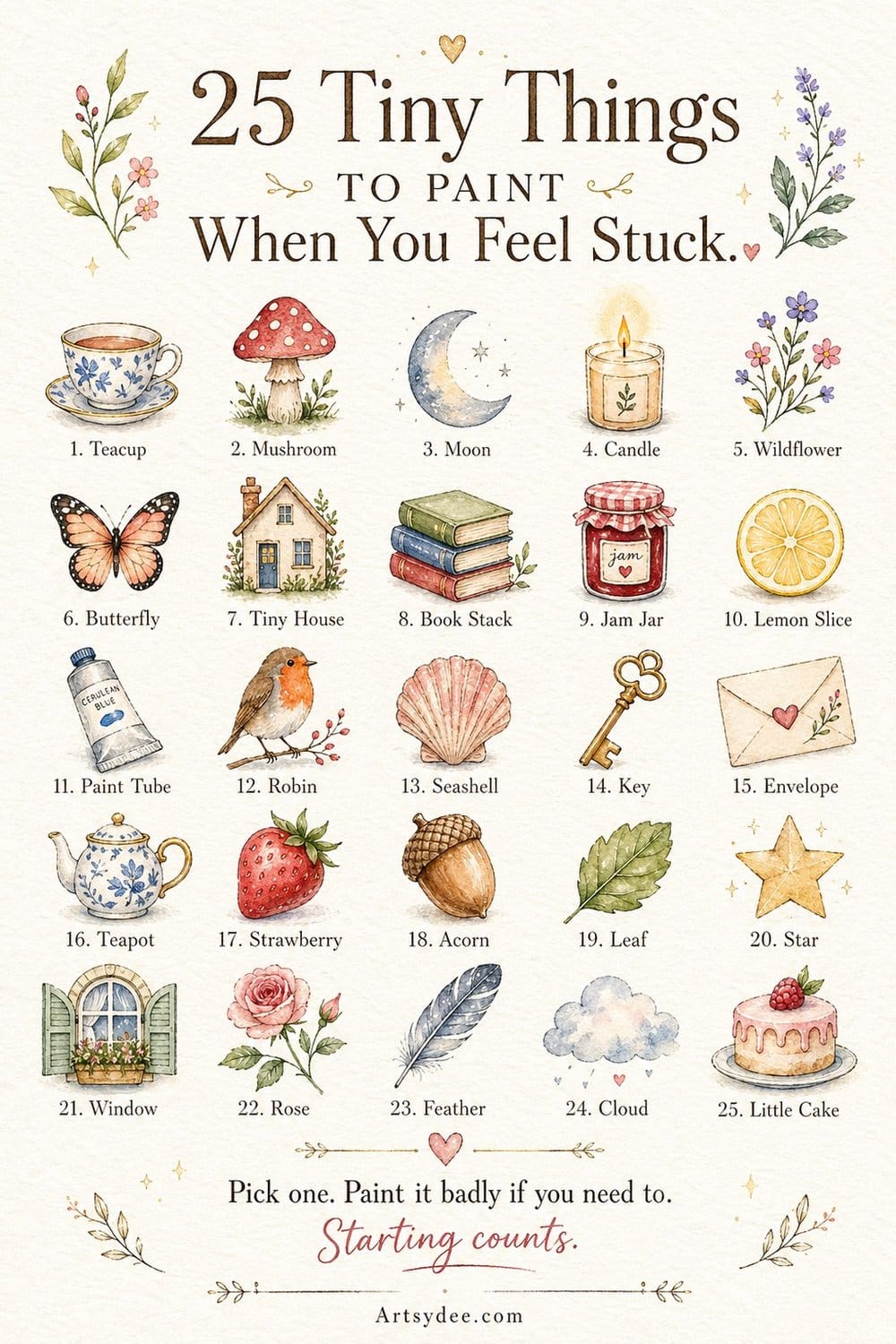 Twenty-five tiny things to paint when you feel stuck, including teacup, mushroom, moon, candle, robin, seashell, key, envelope, leaf, star, rose, feather, cloud, and a tiny cake.