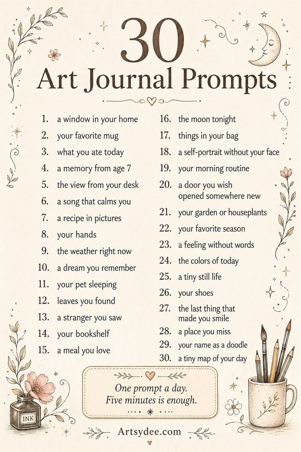 Thirty art journal prompts including a window in your home, a memory from age seven, the view from your desk, the weather right now, your hands, your bookshelf, your favorite season, a tiny still life, your shoes, and a tiny map of your day.