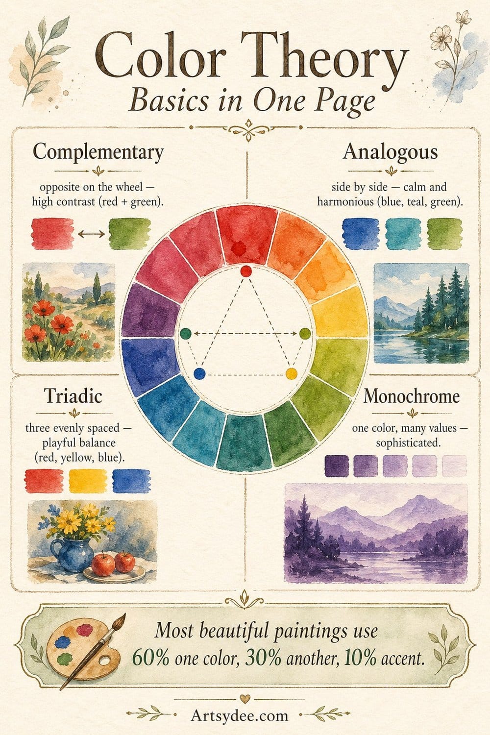 Color theory basics in one page showing complementary, analogous, triadic, and monochrome palettes with watercolor examples.