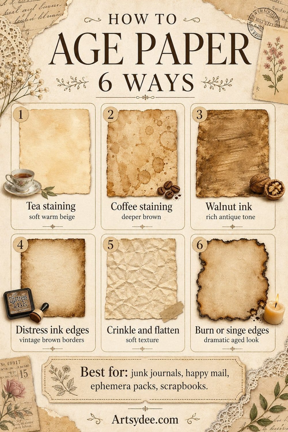 Six methods for aging paper at home: tea staining, coffee staining, walnut ink, distress ink edges, crinkle and flatten, and burning or singeing edges.