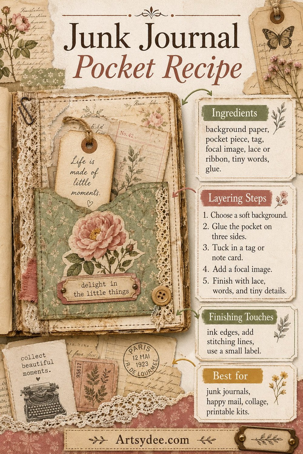 Junk journal pocket recipe showing the five-step layering process for creating a vintage-styled pocket using background paper, focal image, lace, and tiny words.