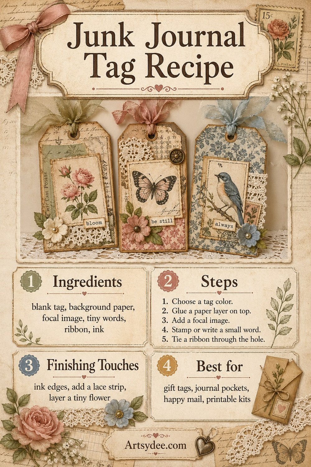 Junk journal tag recipe showing the four-step process for making blank tags into vintage-styled embellishments with focal images, ribbon, and lace.