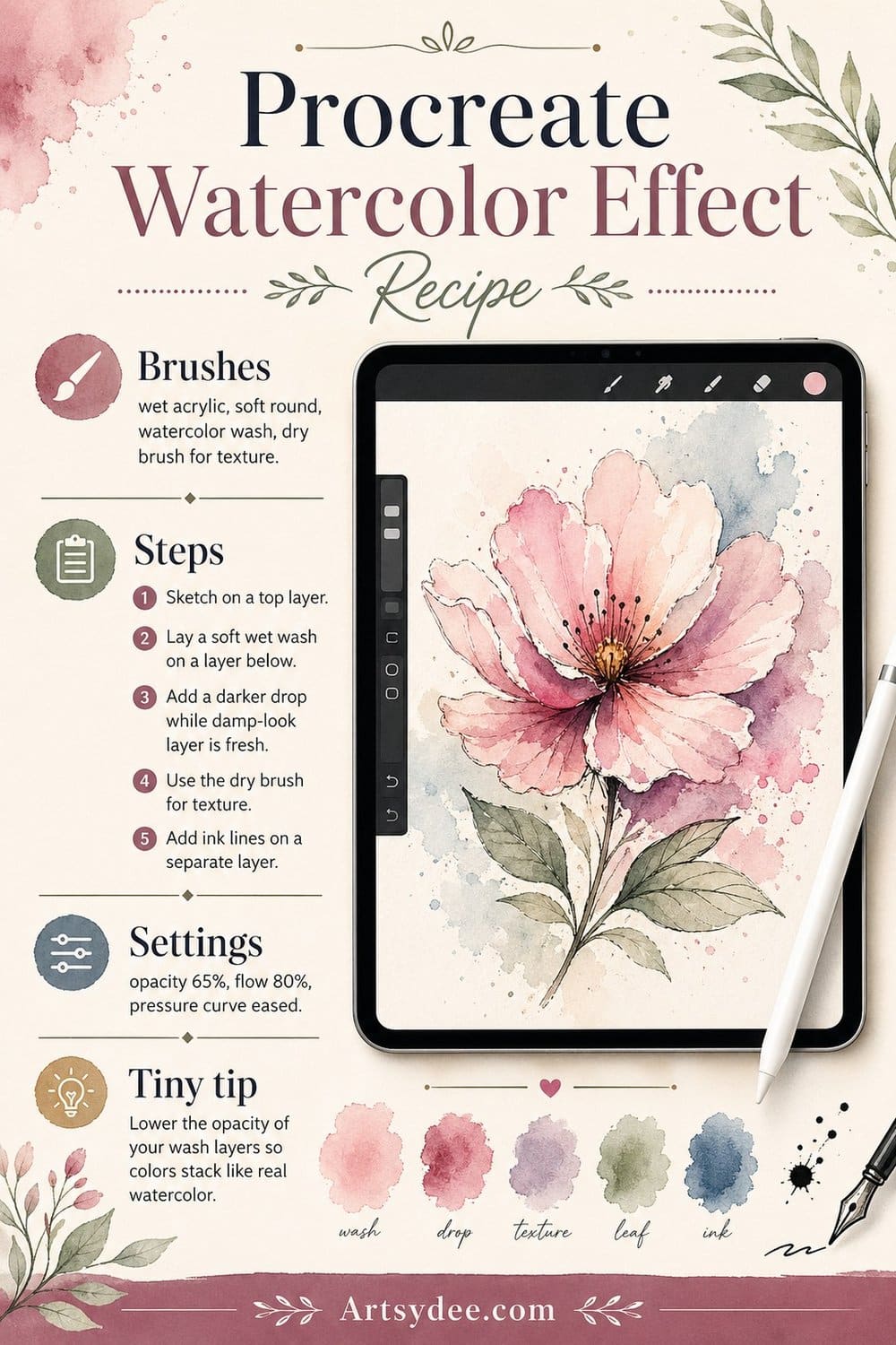 Procreate watercolor effect recipe card showing the five-step process for painting digital watercolor flowers in Procreate, including brush settings and tiny tip.