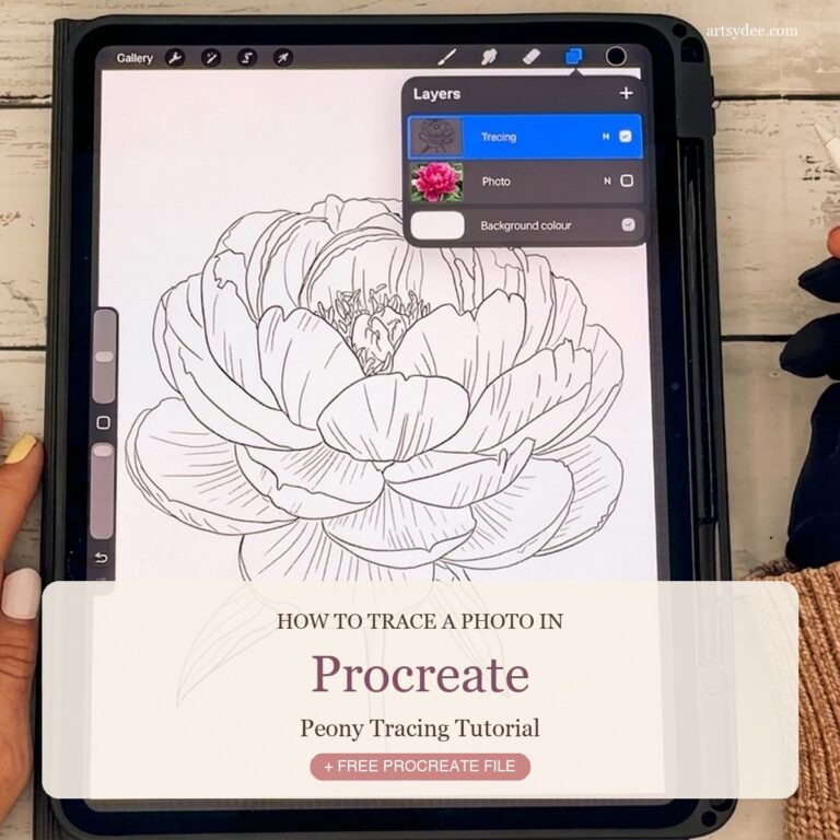 How to trace a photo in Procreate — peony tutorial featured image showing an iPad with the finished peony line drawing and Procreate layers panel