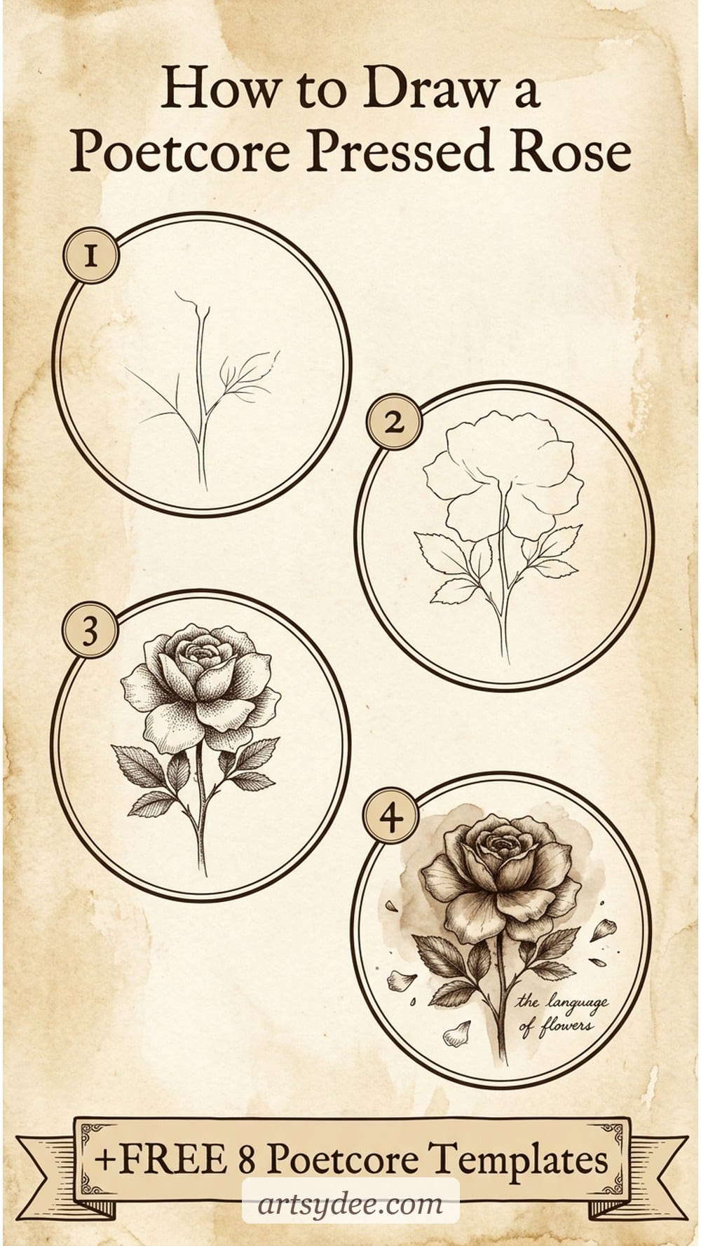 How to draw a poetcore pressed rose &mdash; 4-step sketchbook tutorial