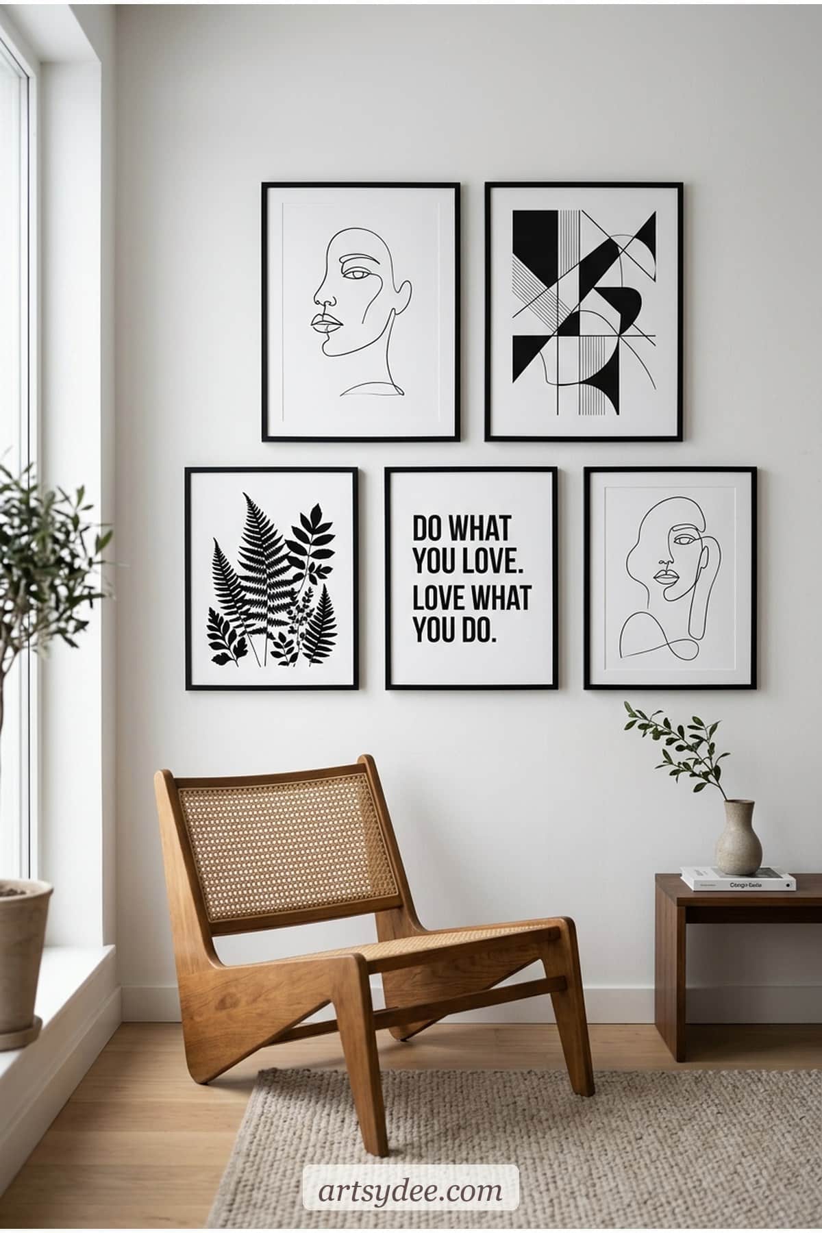 Modern monochrome gallery wall with black and white line art faces and minimalist geometric shapes in slim black frames