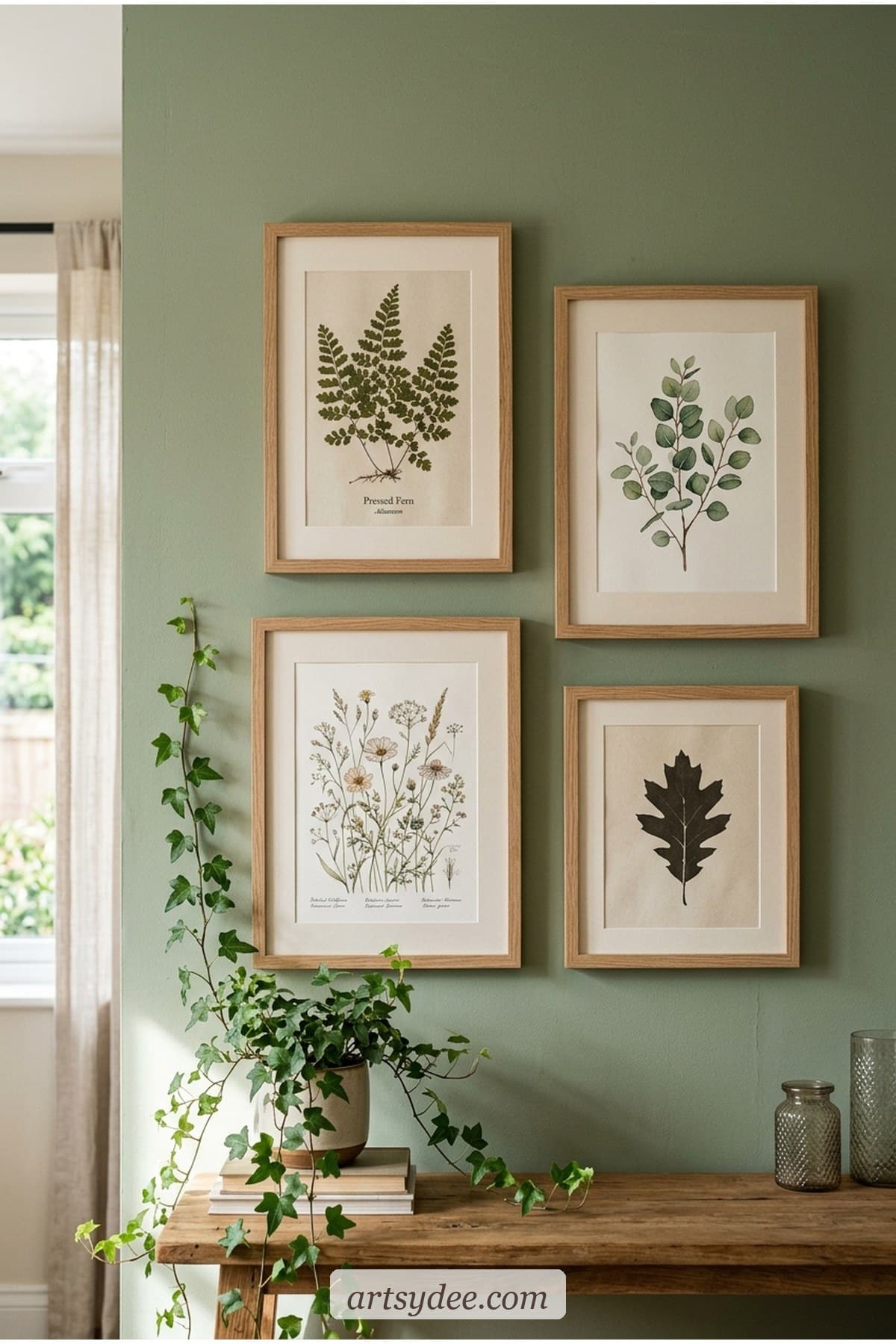 Botanical gallery wall with pressed fern, eucalyptus, and wildflower prints in light oak frames with trailing ivy