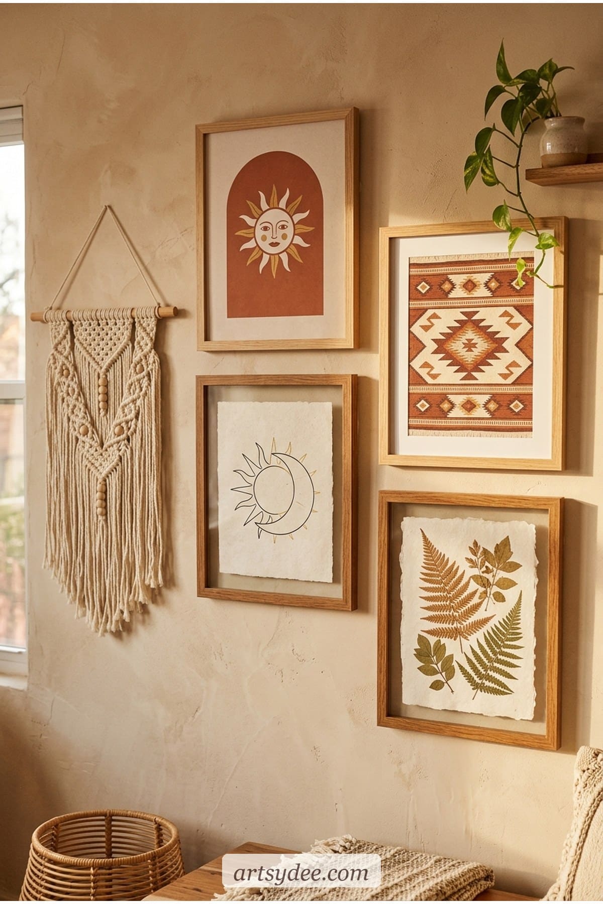 Cozy boho gallery wall with terracotta arch, tribal pattern, and botanical prints in warm wood frames