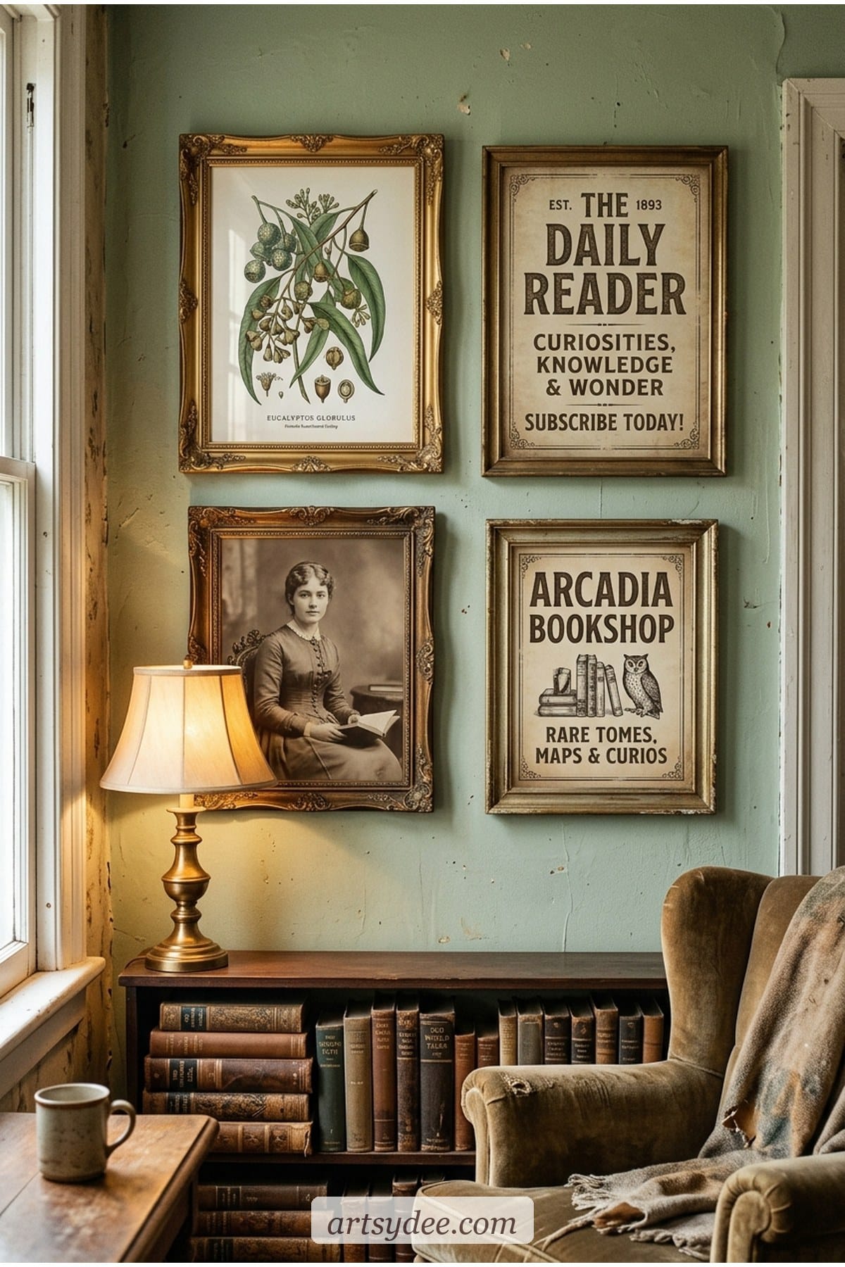 Vintage reading nook gallery wall with antique botanical illustrations and sepia typography in gilded brass frames