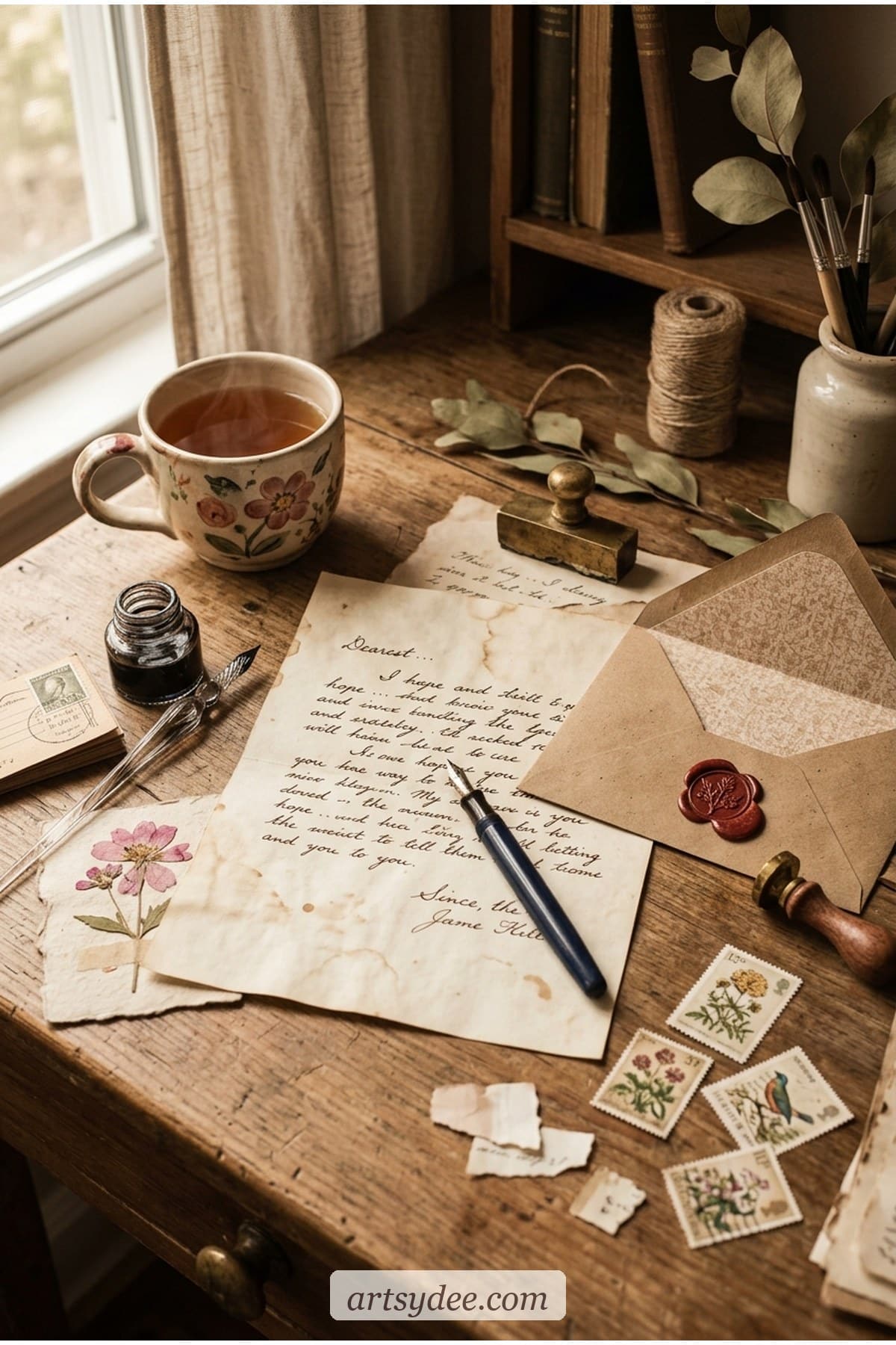 Letter-writing desk scene with the snail mail printable kit in use &mdash; vintage pen, wax seals and aged letter paper