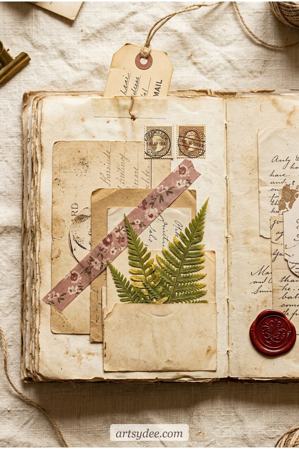 Junk journal spread using the free snail mail ephemera kit &mdash; layered postcards, washi tape and pressed botanicals