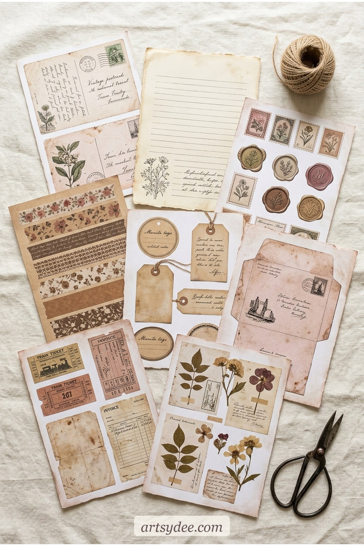 Flat-lay of the full 8-page snail mail junk journal kit spread out on cream linen