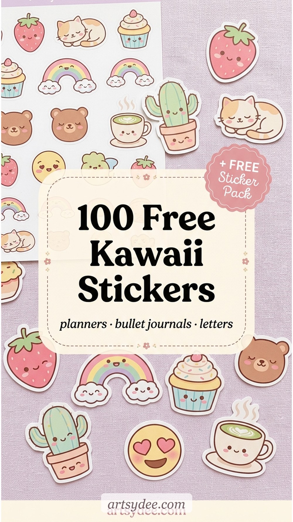 100 free printable kawaii stickers across 10 themed sheets for planners, bullet journals and laptops