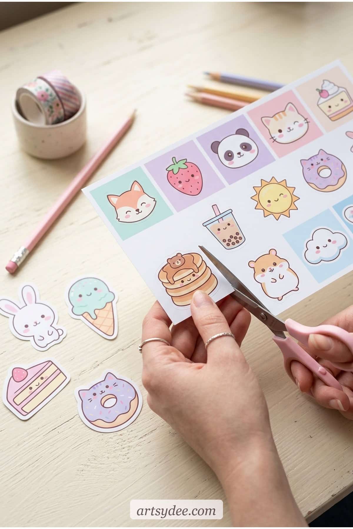 Printed kawaii sticker sheet being cut by hand with small scissors on a pastel desk
