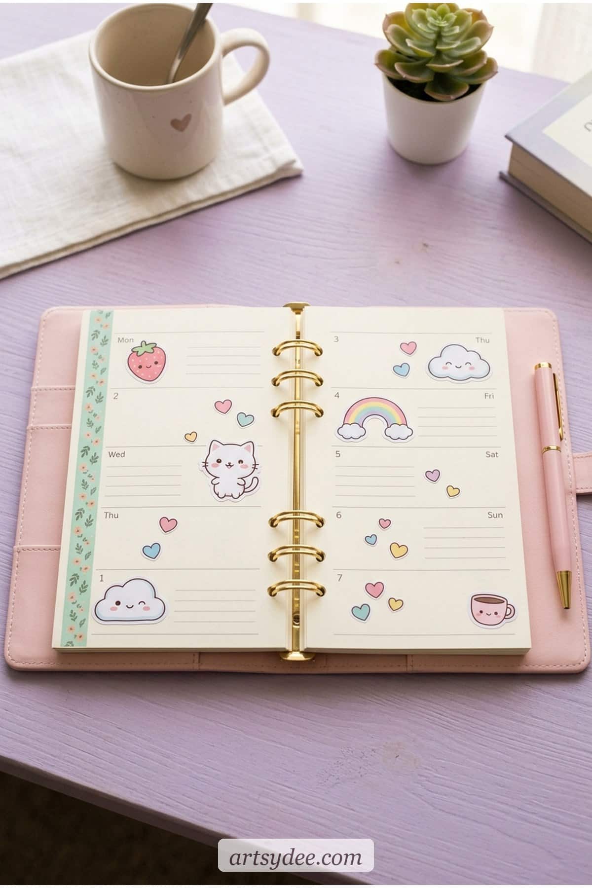 Kawaii planner spread decorated with pastel printable kawaii stickers and soft watercolour washi