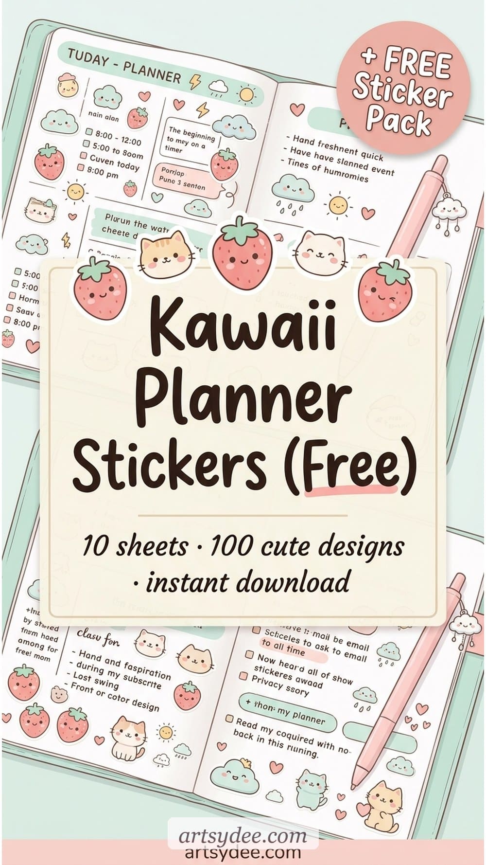 Cute kawaii printable stickers for planners and bullet journals &mdash; 100 free designs