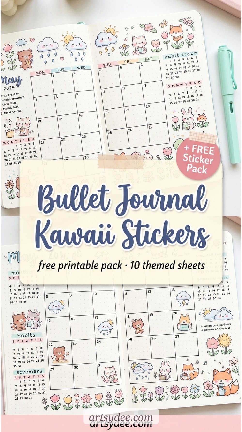 Bullet journal kawaii stickers free printable pastel pack &mdash; 100 cute designs