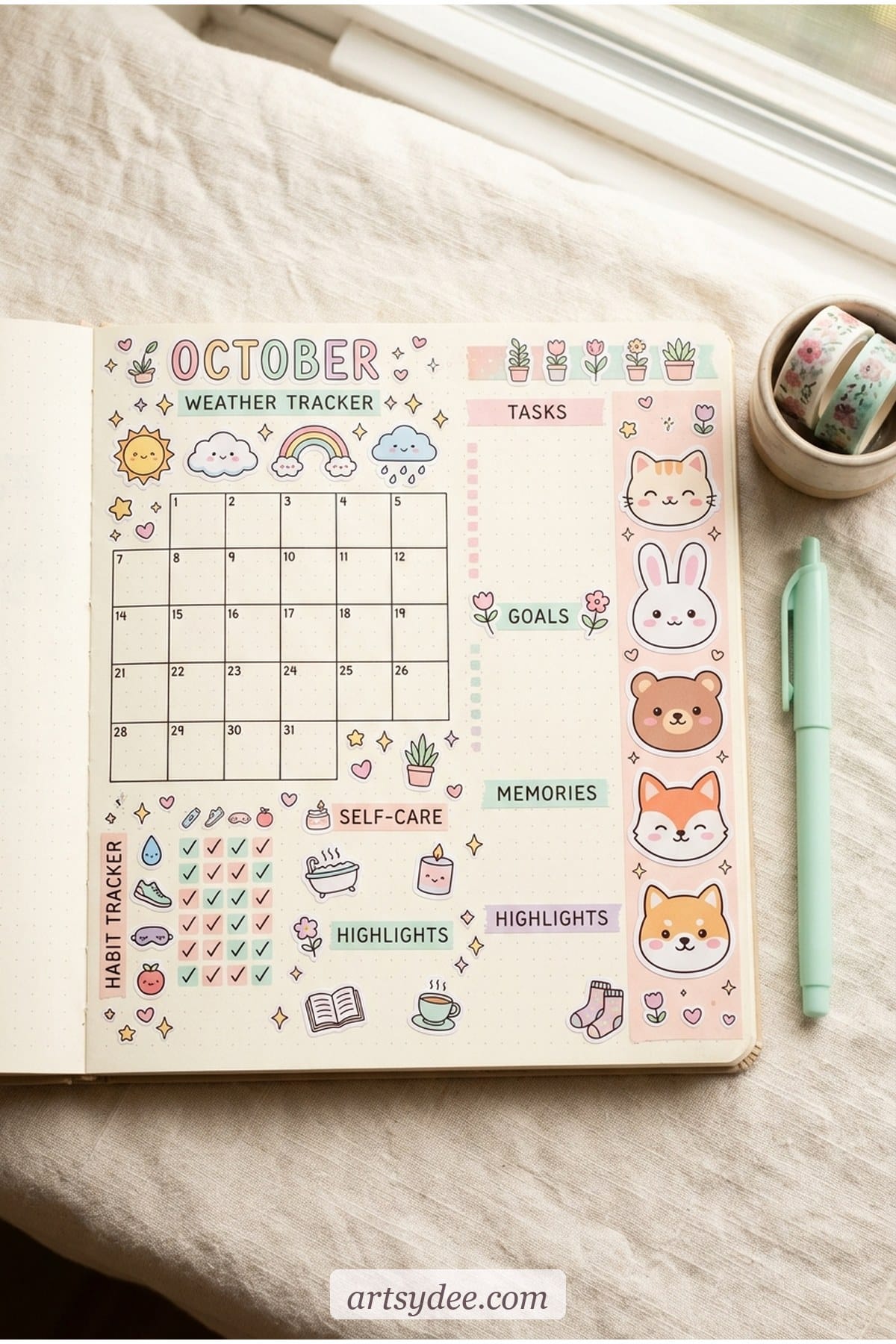 Bullet journal spread decorated with kawaii printable stickers in pastel palette with weekly habit tracker