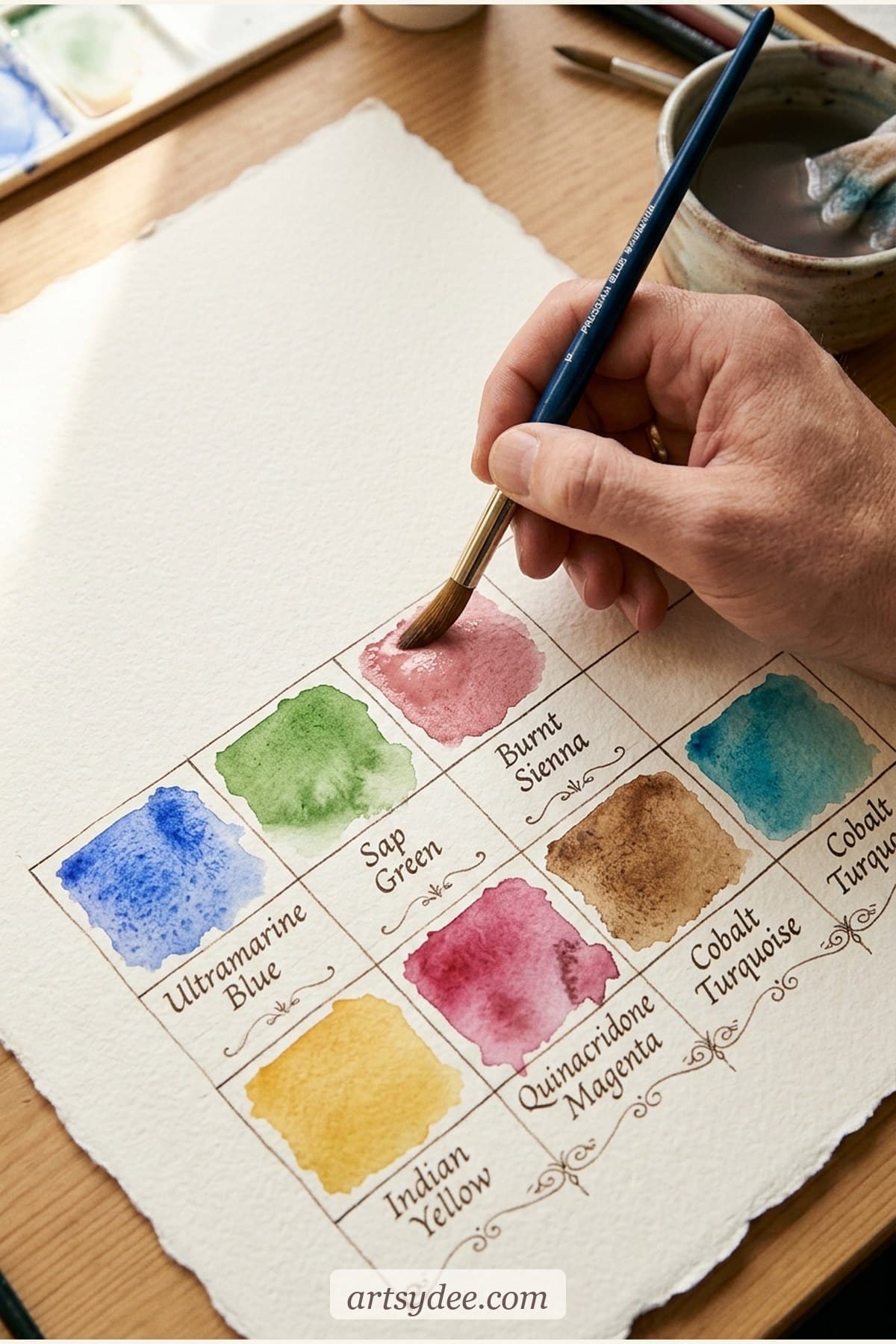 An artist's hand mixing a watercolour swatch on cold press paper, showing the pigment flow