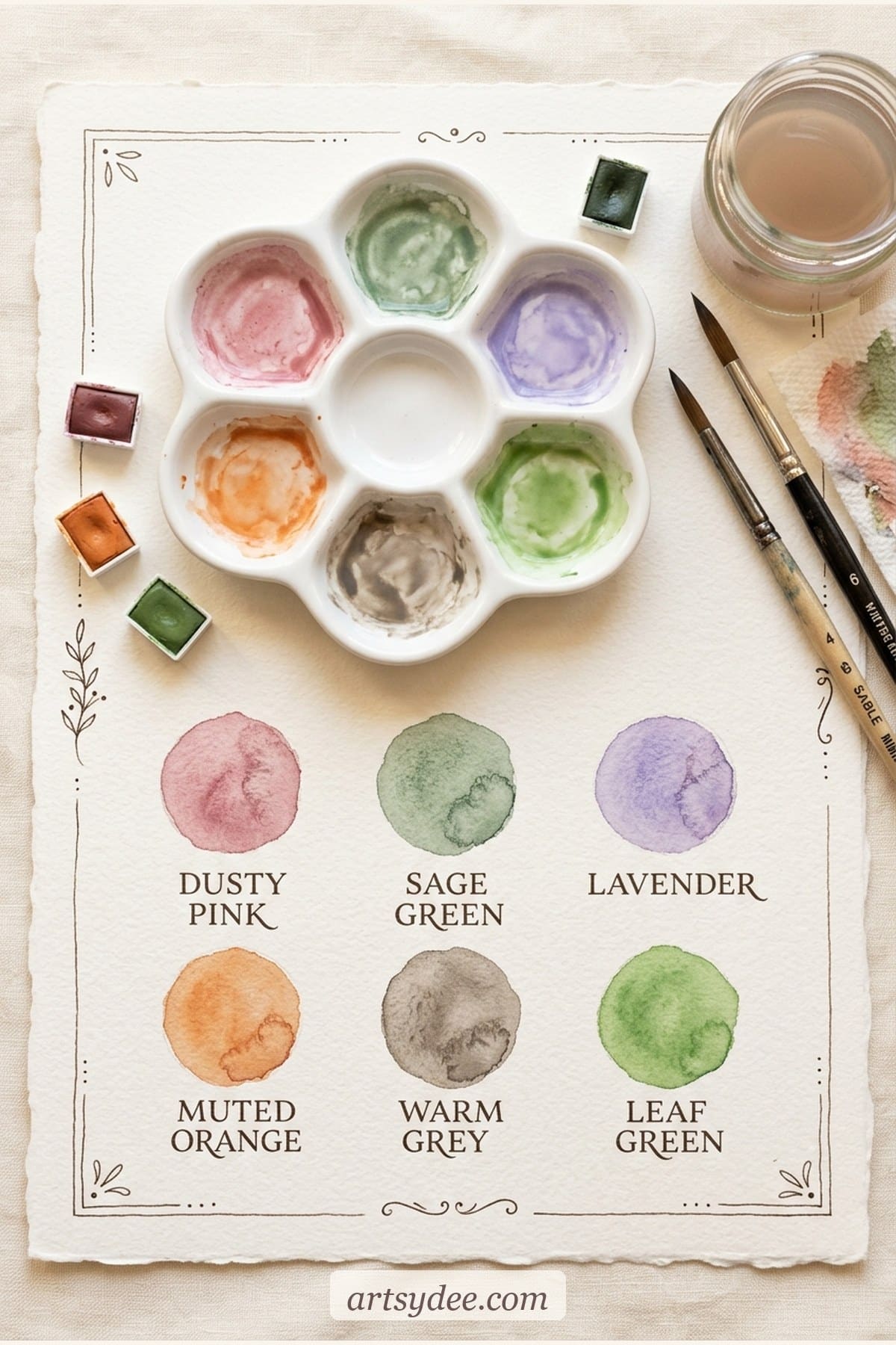 Flat-lay of a watercolour mixing palette with half-pans, brushes and mixing wells