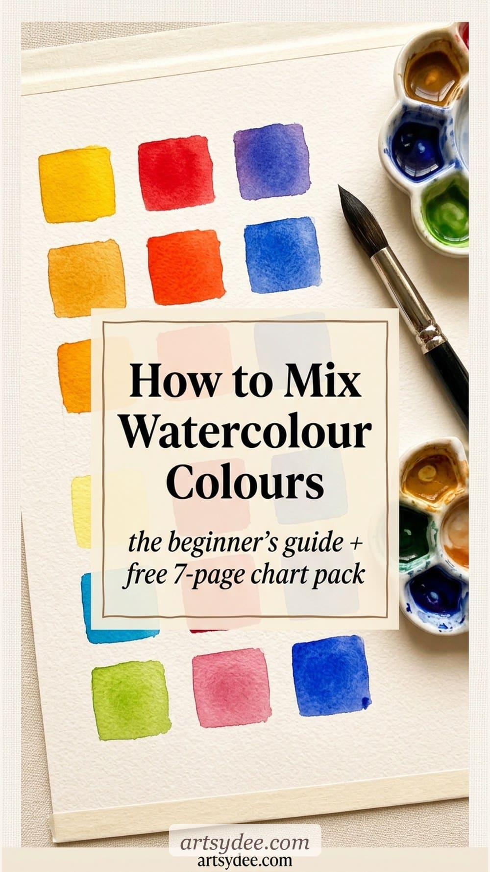 How to mix watercolor colors for beginners &mdash; warm and cool primary split with a free 7-page mixing chart pack