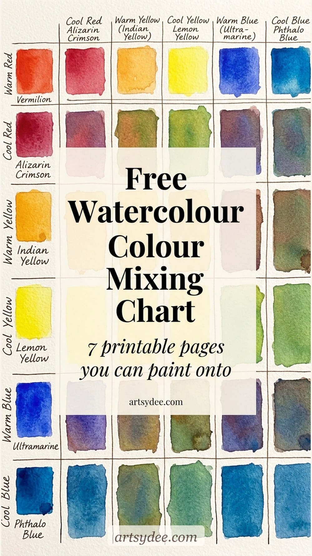 Free watercolor mixing chart printable &mdash; skin tones, foliage greens, flower palette recipes