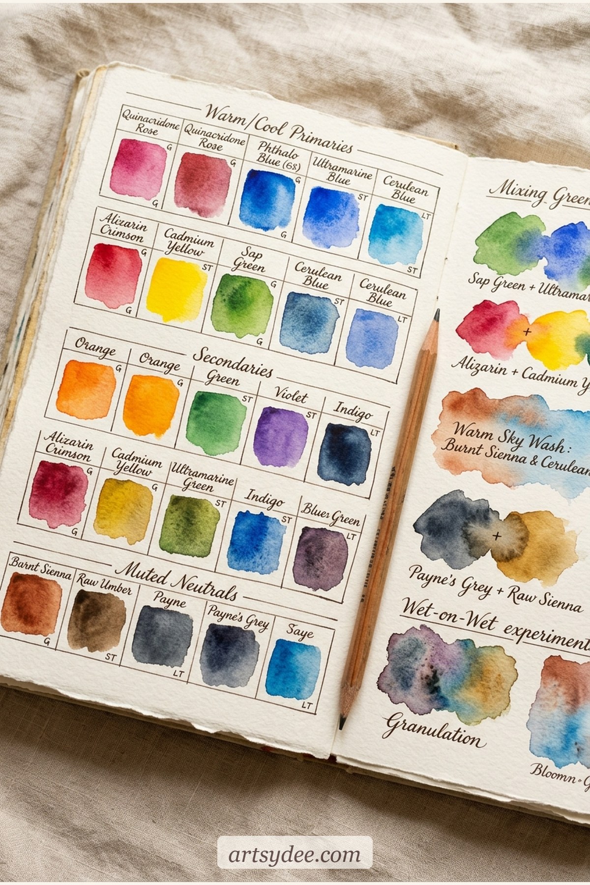 An artist's sketchbook open to a page of hand-painted watercolour colour-mixing swatches and notes