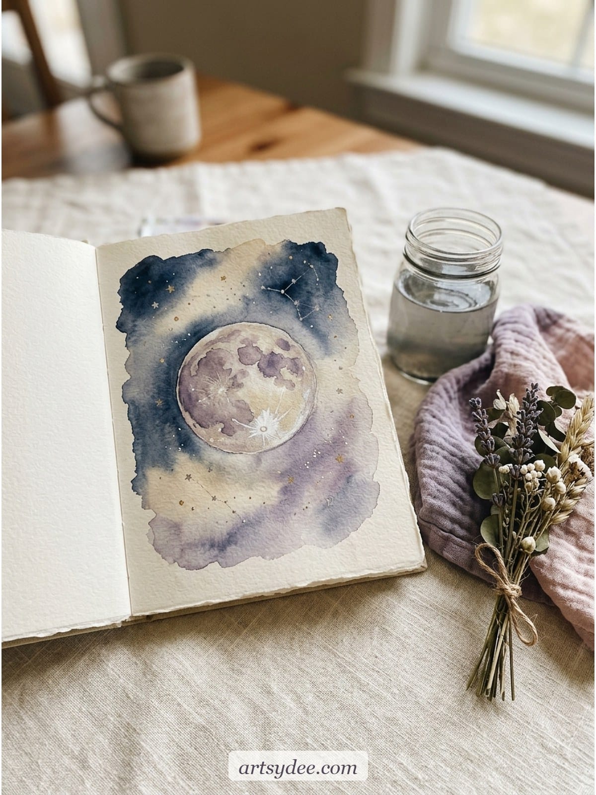 Open watercolour sketchbook with a soft full moon painting in dusky lavender, dried wildflowers and a small water jar beside it