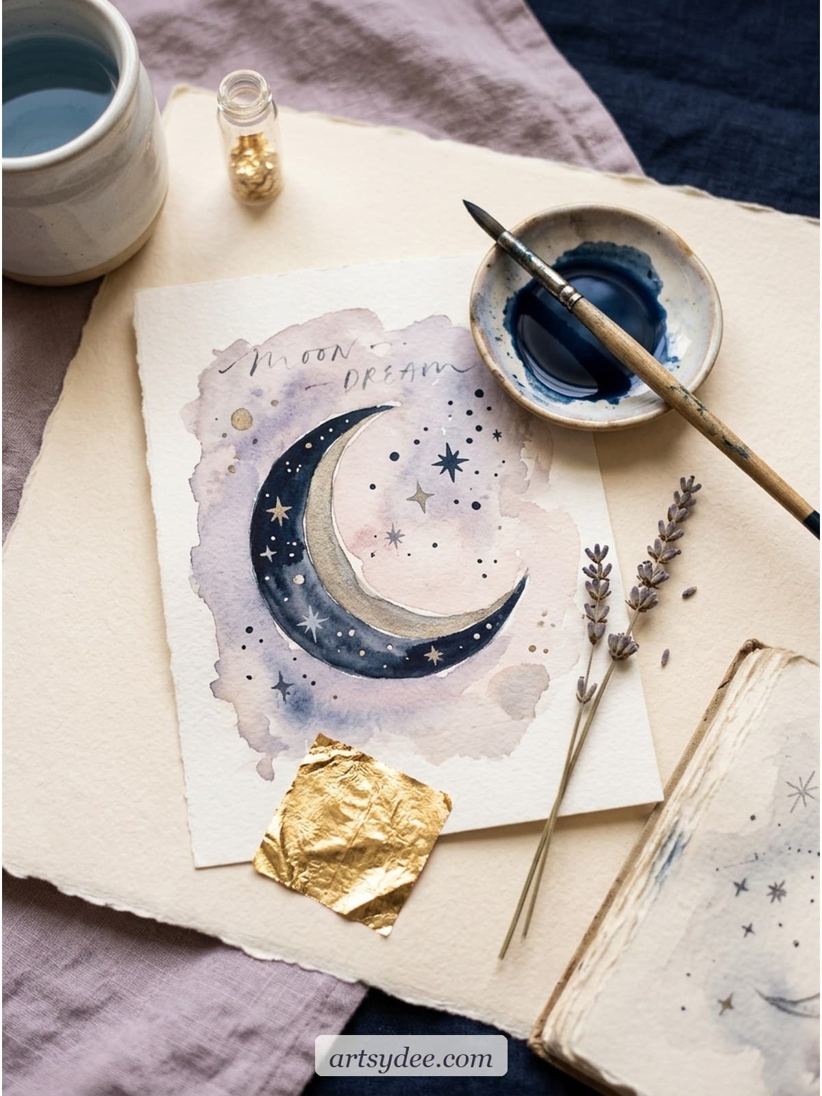 Painted crescent moon on rough watercolour paper next to a small ceramic dish of navy paint and a sprig of dried lavender