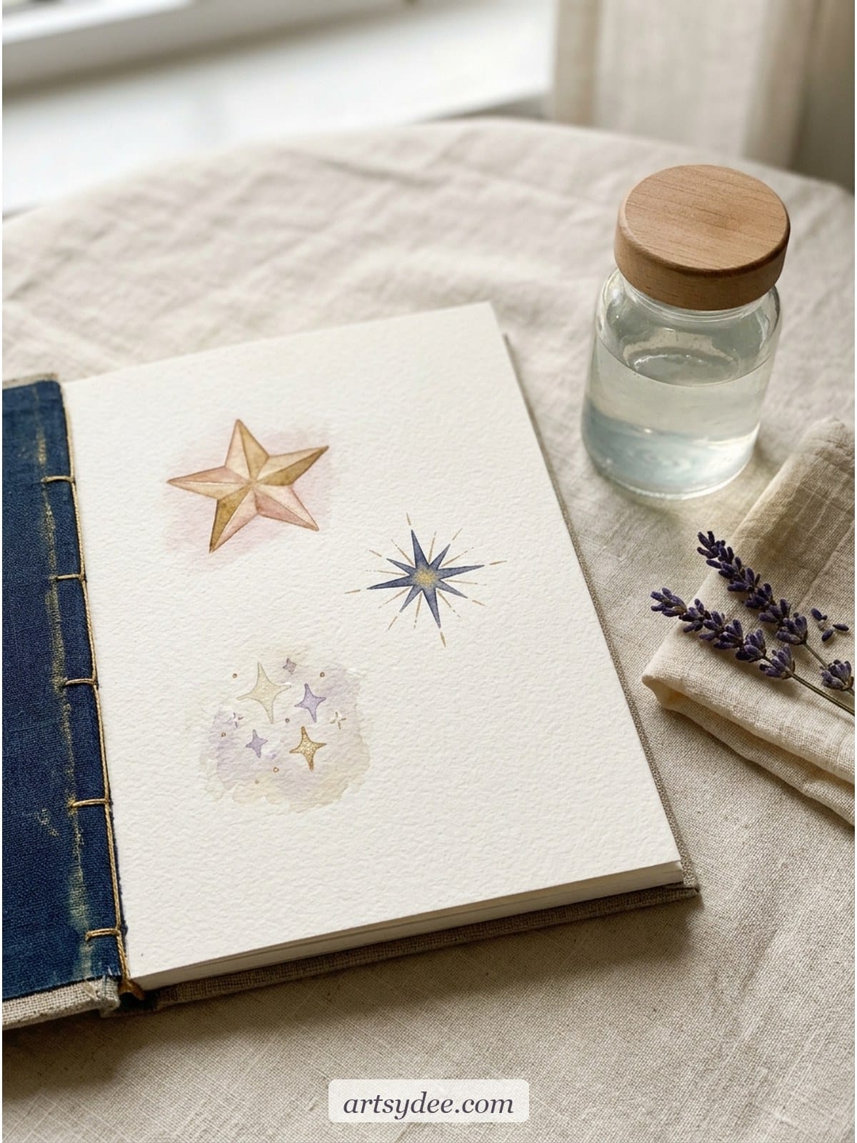 Open watercolour sketchbook with a soft gold star painting in warm celestial tones, dried lavender sprig and a small water jar beside it