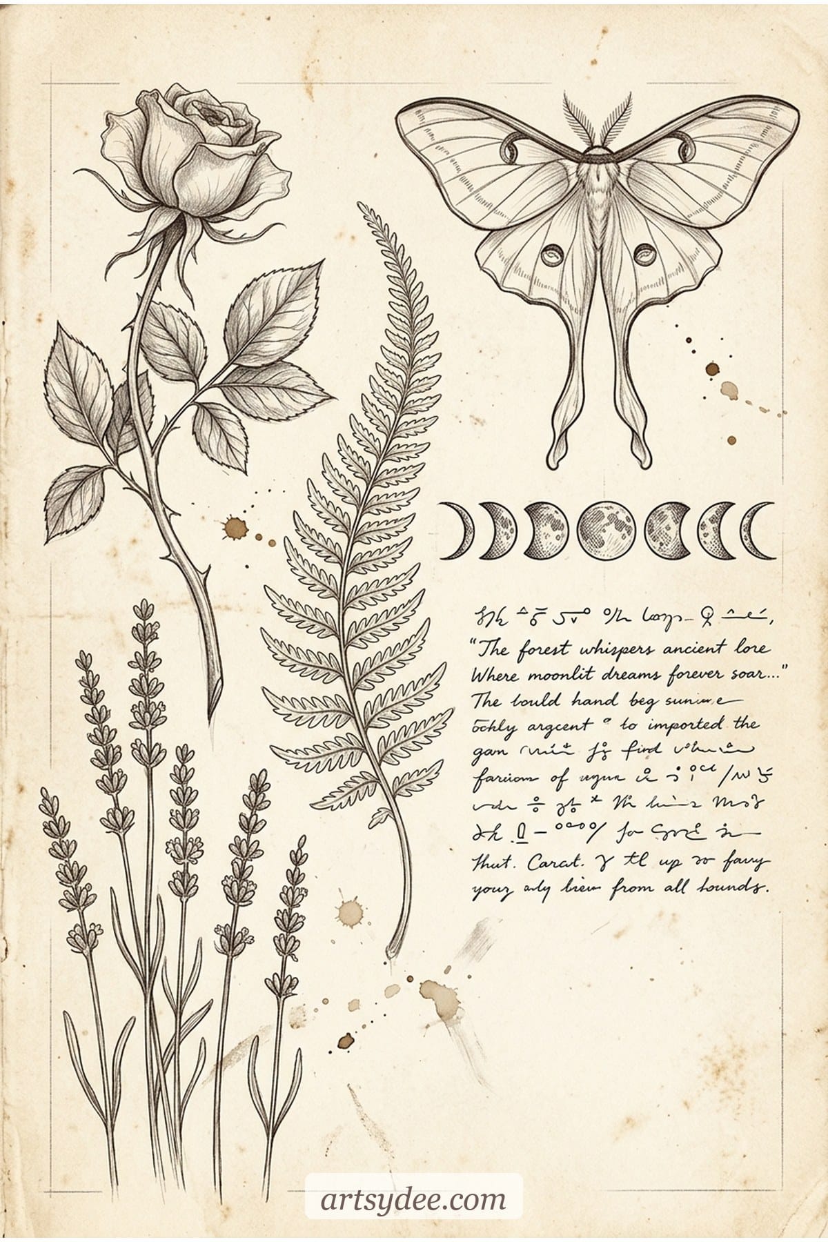 Poetcore sketchbook flat lay with pressed flowers, handwritten letters, candle and antique journal