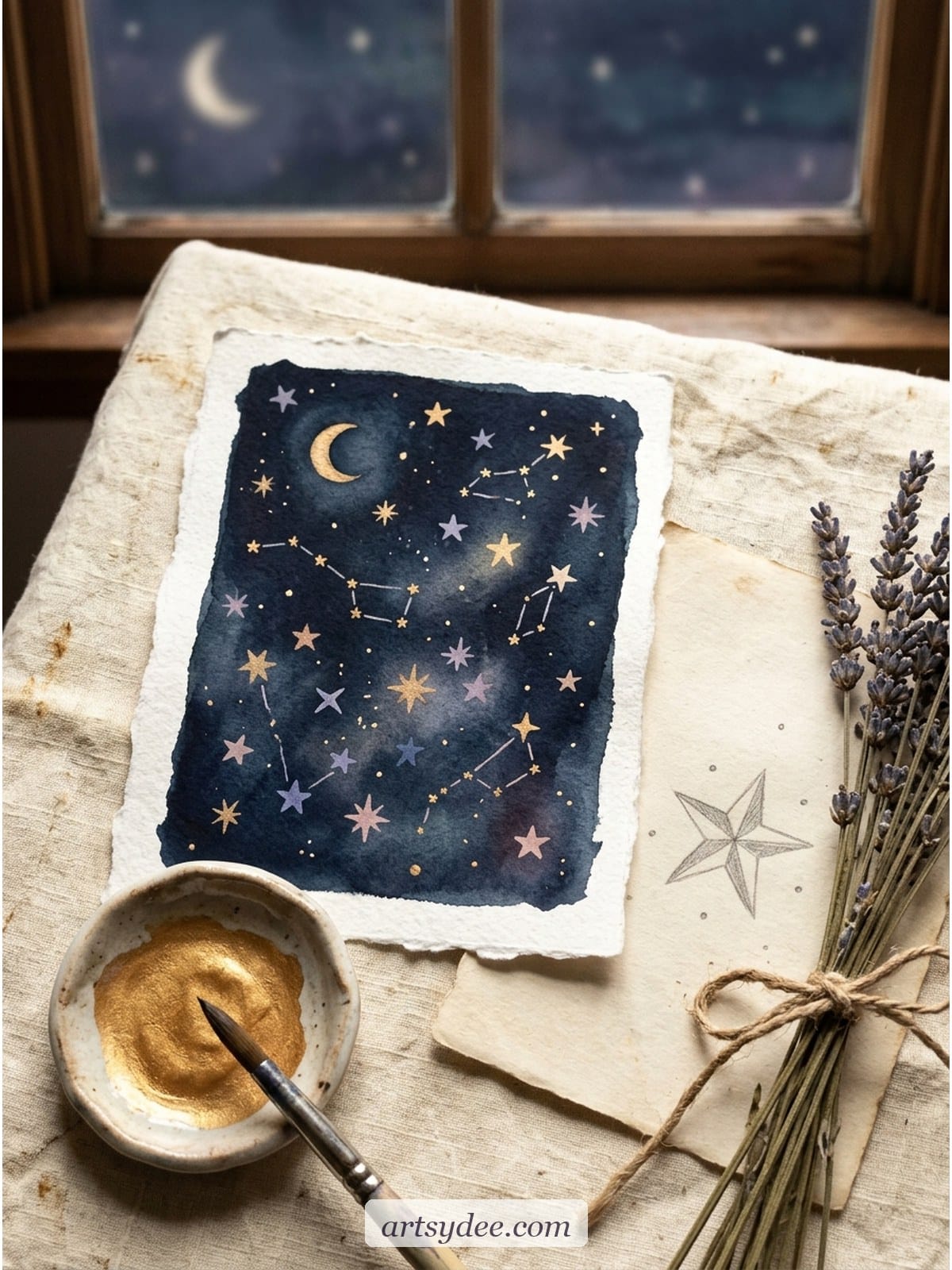 Painted celestial constellation scene on rough watercolour paper next to a small ceramic dish of warm gold paint and a sprig of dried lavender