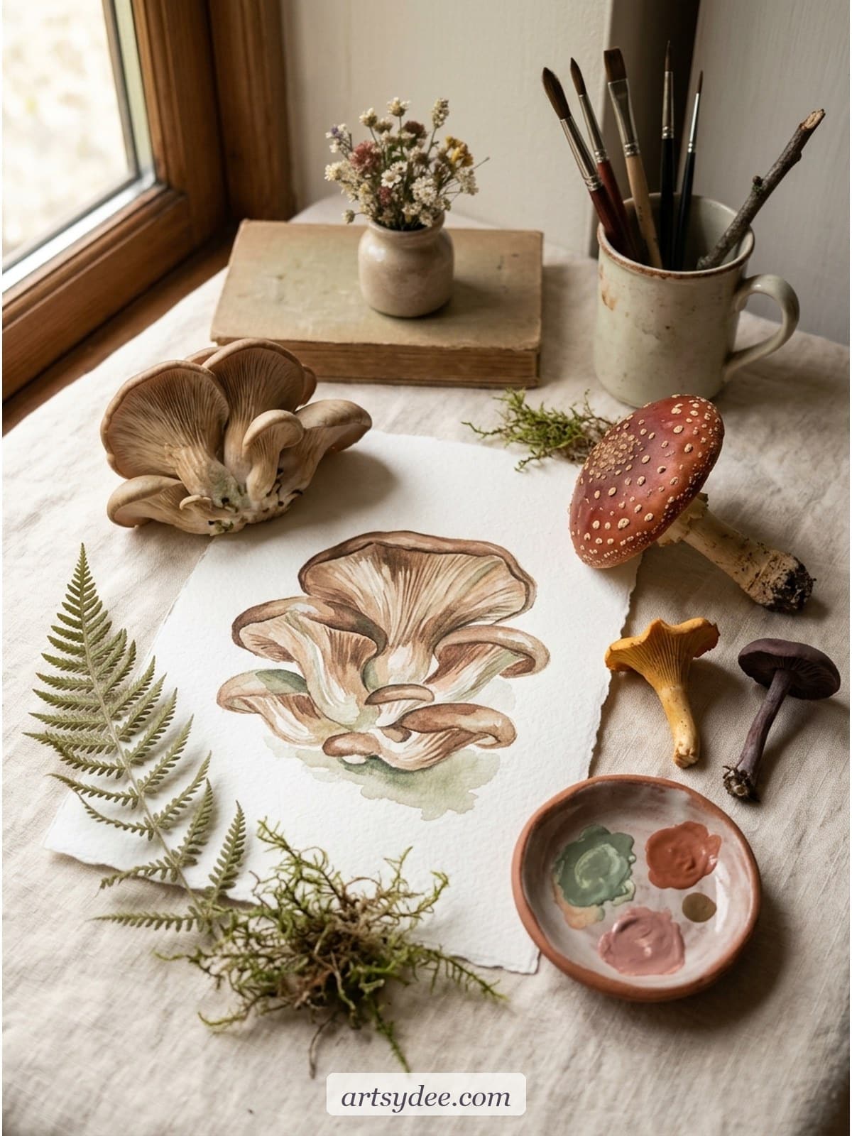 Painted oyster mushroom cluster on rough watercolour paper next to a small ceramic dish of warm terracotta paint and a sprig of dried fern