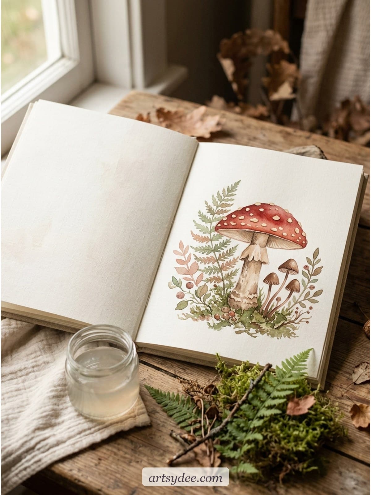 Open watercolour sketchbook with a soft red toadstool painting in warm cottagecore tones, dried fern sprigs and a small water jar beside it