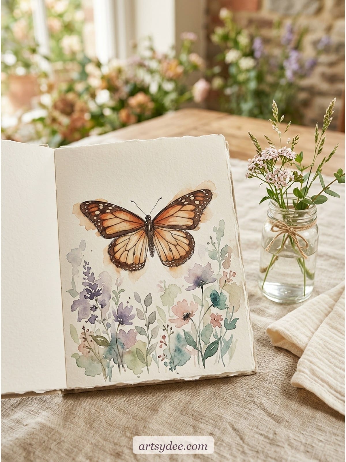 Open watercolour sketchbook with a soft monarch butterfly painting in warm orange and brown, dried wildflowers and a small water jar beside it