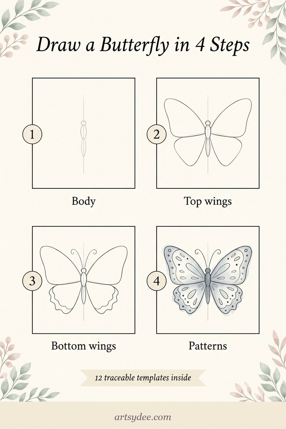 How to draw a butterfly in 4 steps &mdash; Artsydee infographic showing pencil oval body, refined wing shape, watercolour wash, and final ink details