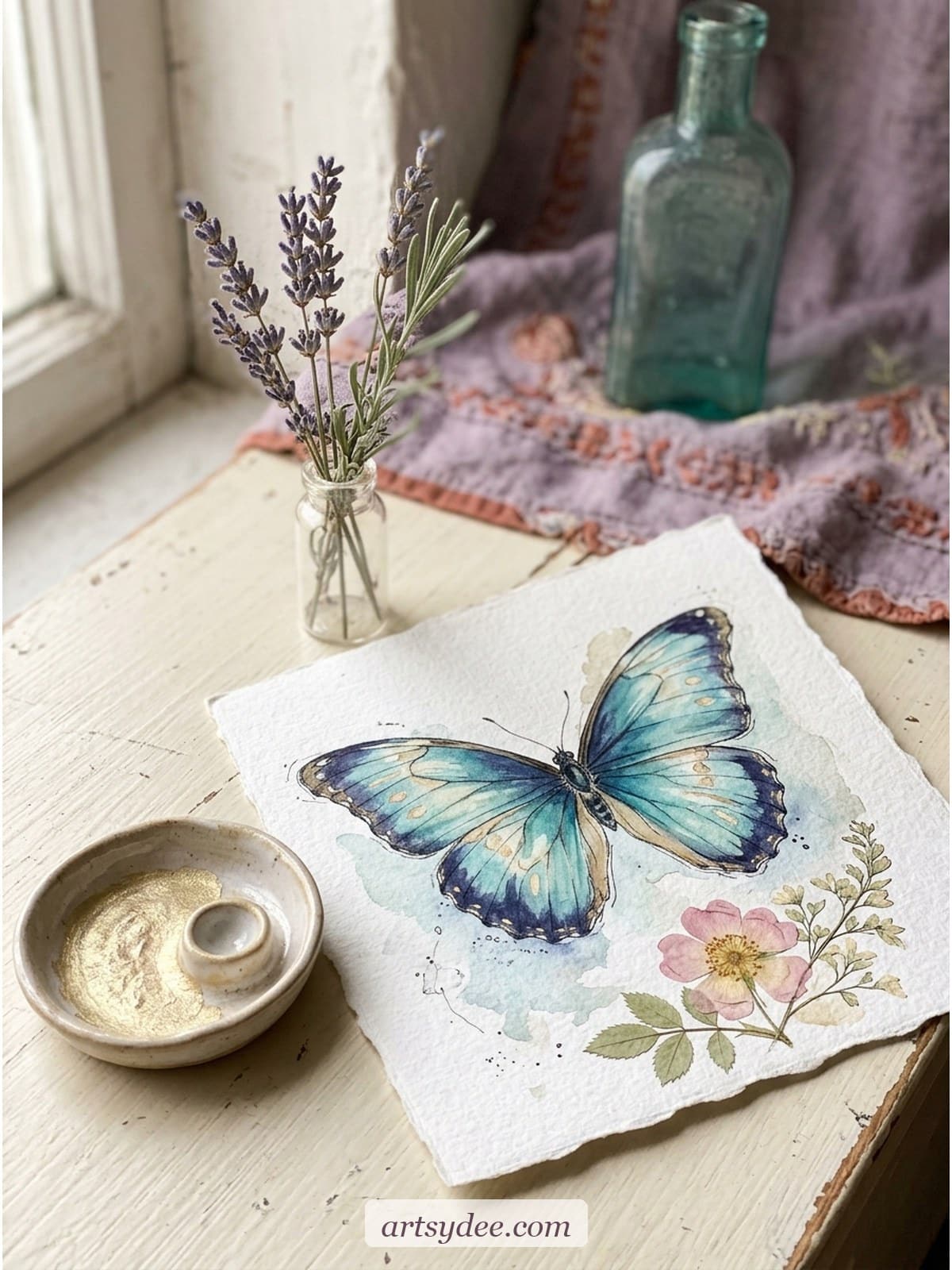 Painted blue morpho butterfly on rough watercolour paper next to a small ceramic dish of pale gold paint and a sprig of dried lavender