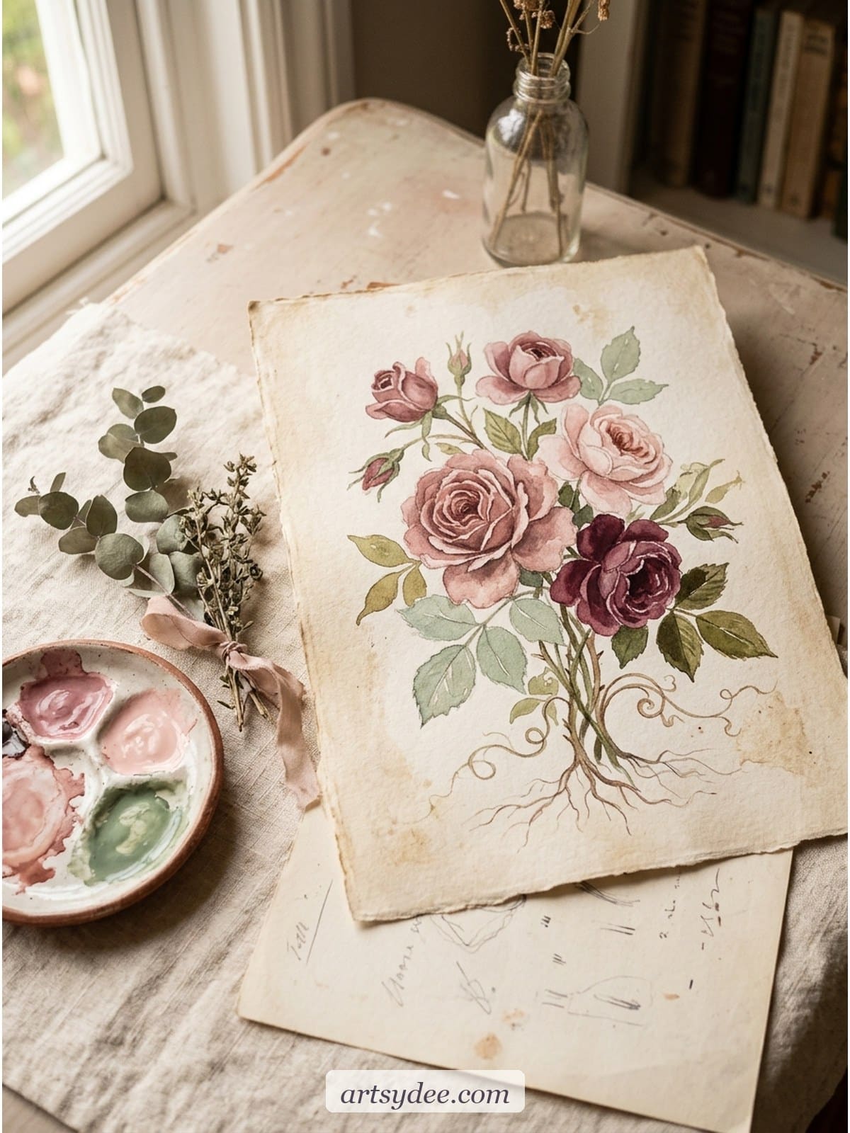 Painted vintage botanical rose on rough watercolour paper next to a small ceramic dish of dusty rose paint and a sprig of dried eucalyptus