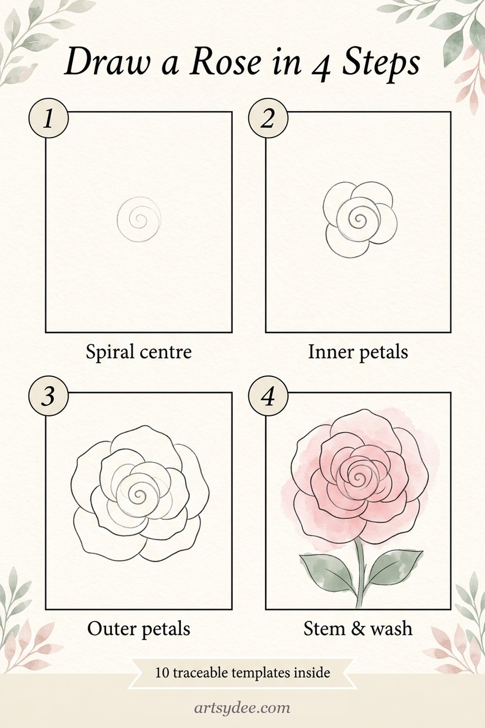How to draw a rose in 4 steps &mdash; Artsydee infographic showing pencil spiral guide, outer petal outline, watercolour wash, and final shadow details