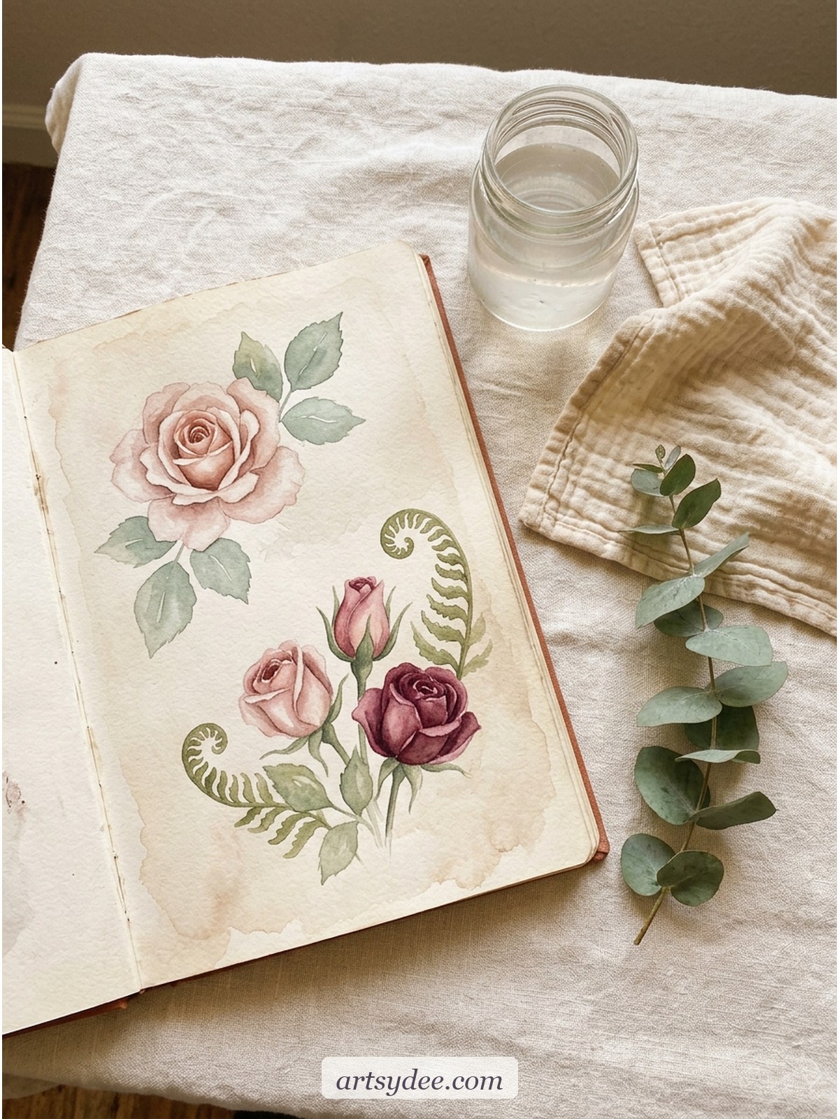 Open watercolour sketchbook with a soft blush rose painting in warm romantic tones, dried fern sprigs and a small water jar beside it