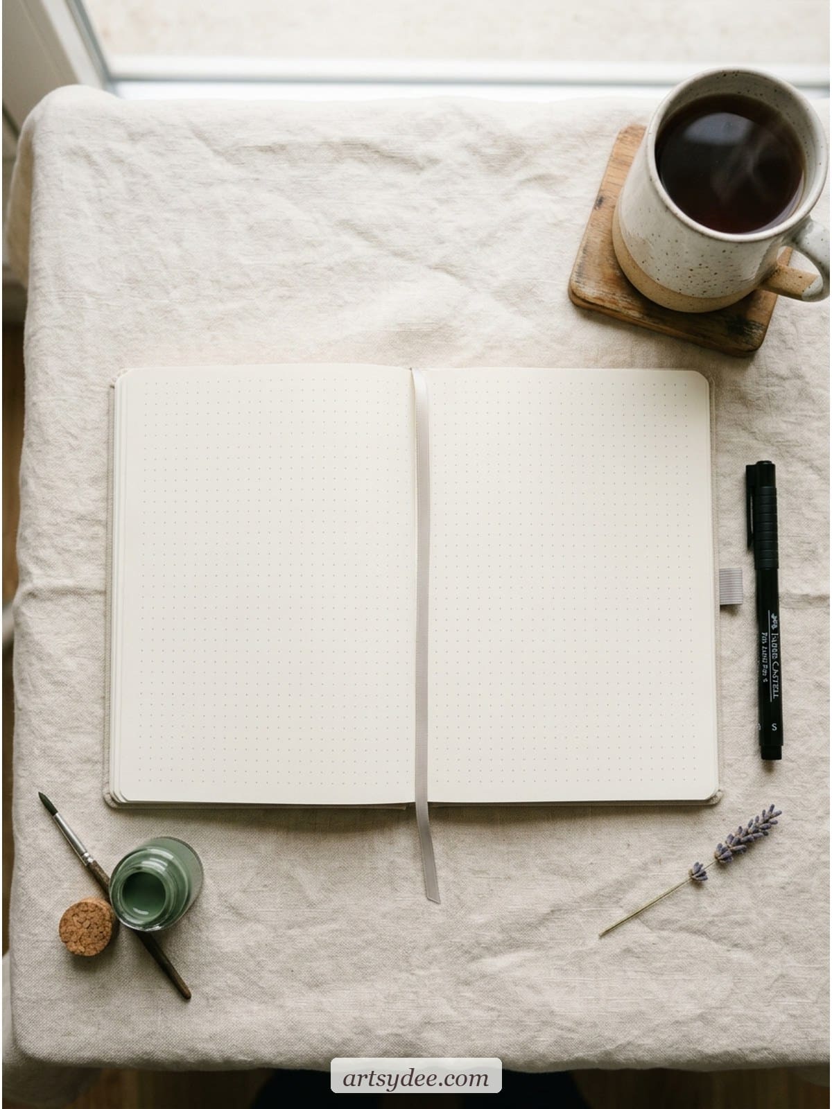 A blank dot-grid bullet journal lying open on a cream linen surface with a fineliner pen and a small ceramic mug of tea