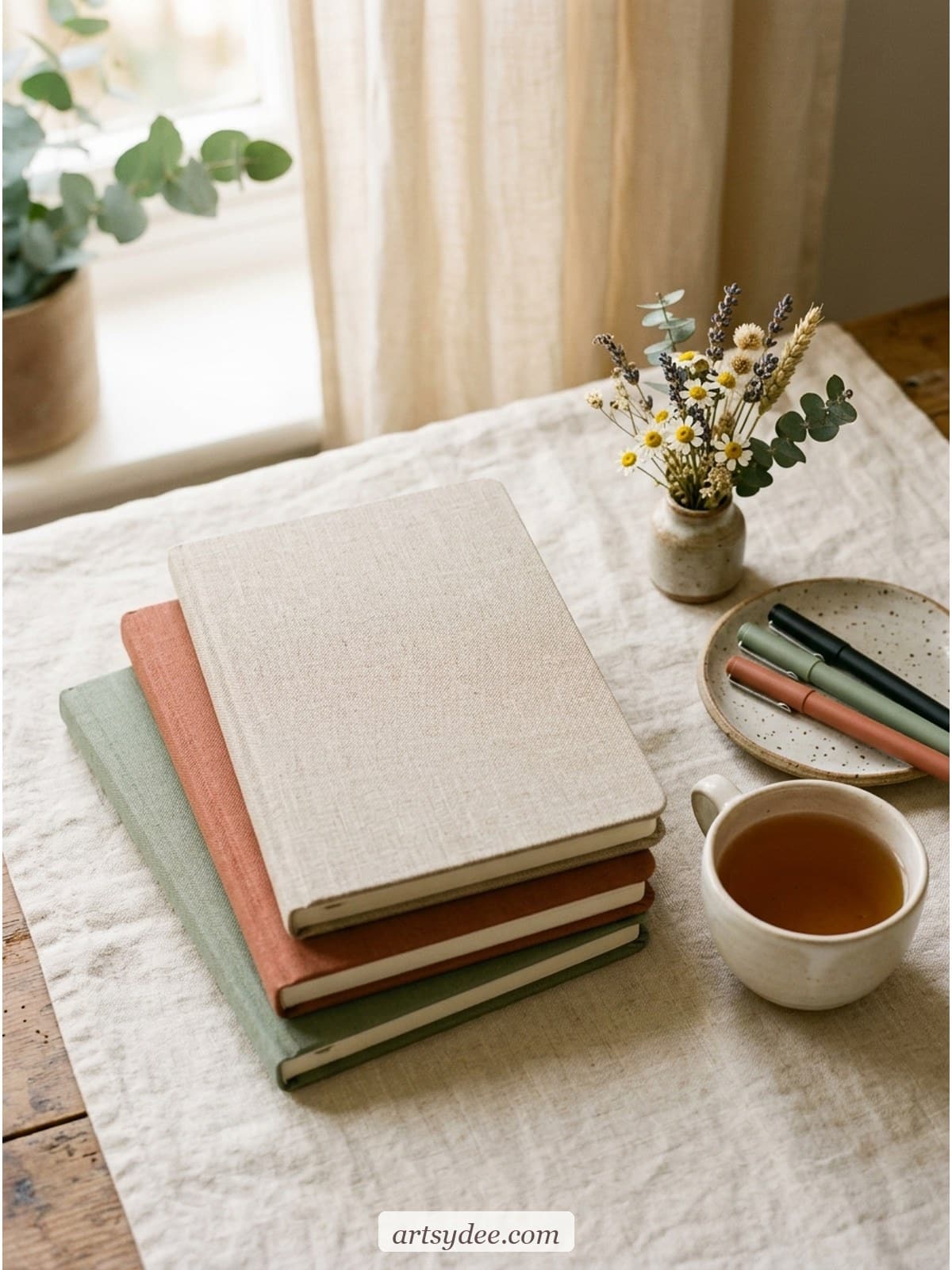 A stack of three linen-covered dot-grid notebooks in sage, terracotta and cream on a cosy desk with dried wildflowers and fineliner pens