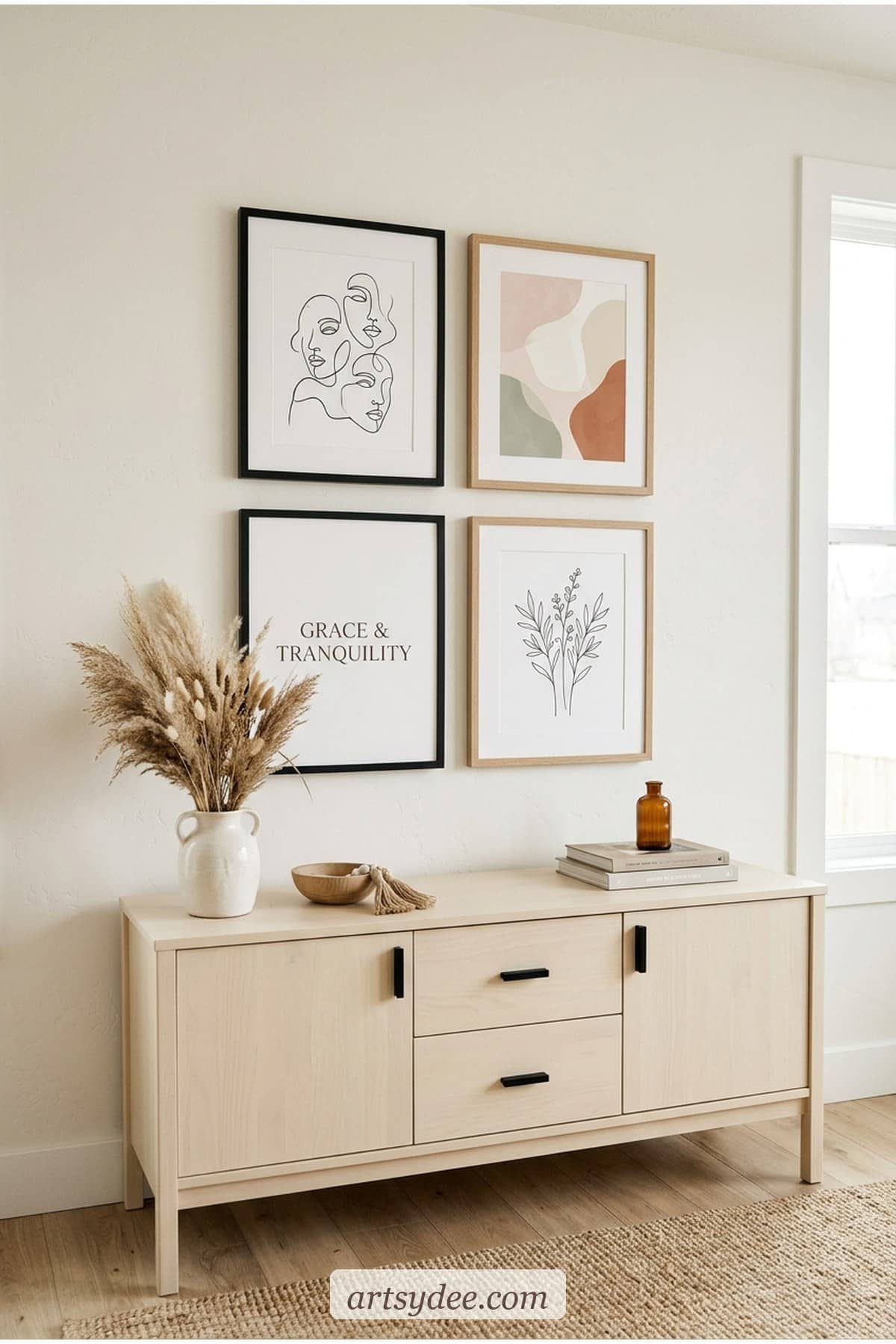 Minimalist aesthetic gallery wall with abstract line art and pastel typography prints in thin black frames