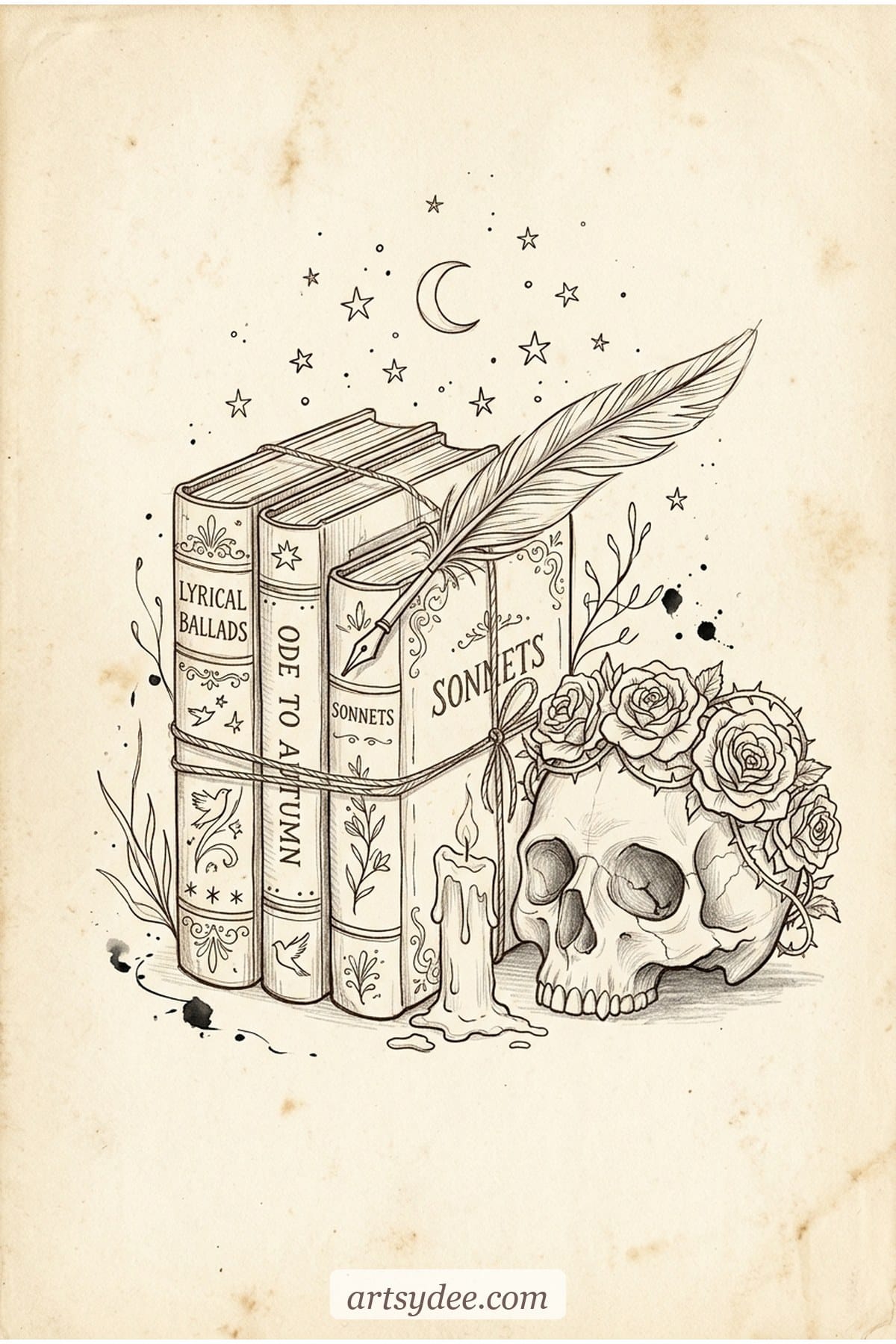 Hands sketching in a leather journal by a rain-specked window, candles lit &mdash; poetcore drawing atmosphere