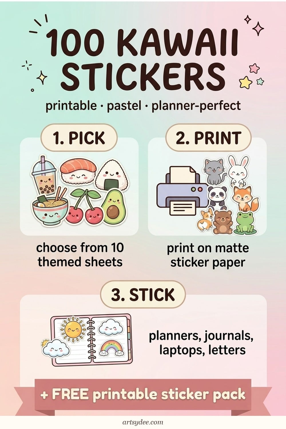 100 kawaii stickers printable infographic &mdash; pick print stick 3-step tutorial with free printable sticker pack