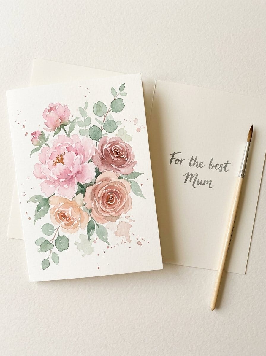Hand-painted watercolour Mother's Day card with For the Best Mum lettering and pink florals